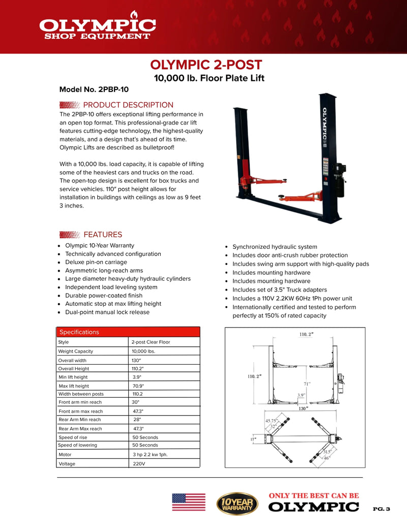 Olympic 2PBP-10 10,000 lb Base Plate 2-Post Lift