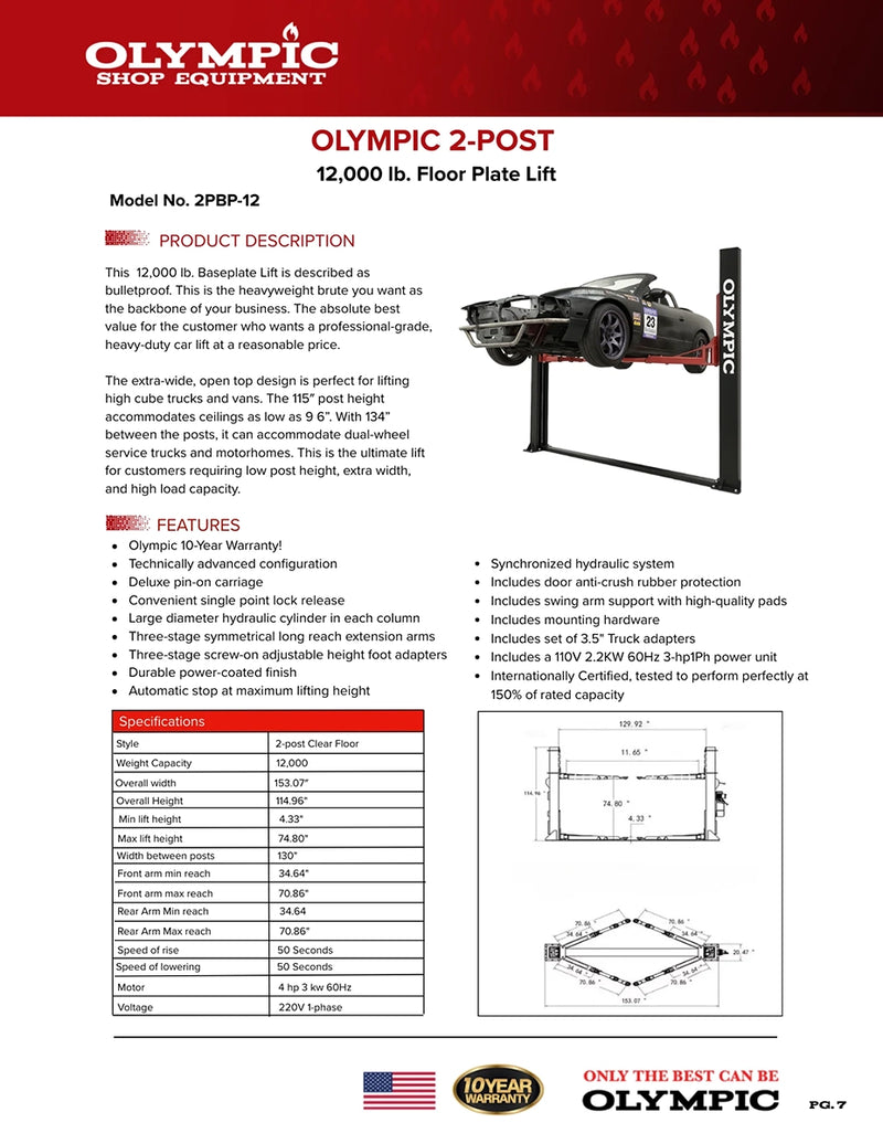 Olympic 2PBP-12 12,000‐lb. HDXL / Base Plate 2-Post Lift / 3-Stage Arms