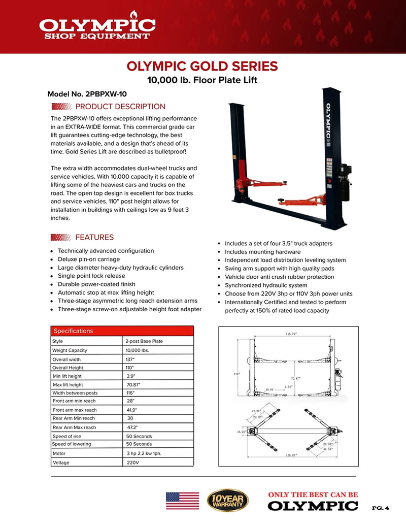 Olympic 2PBPXW-10 10,000lb Extra Wide Base Plate 2-Post Lift