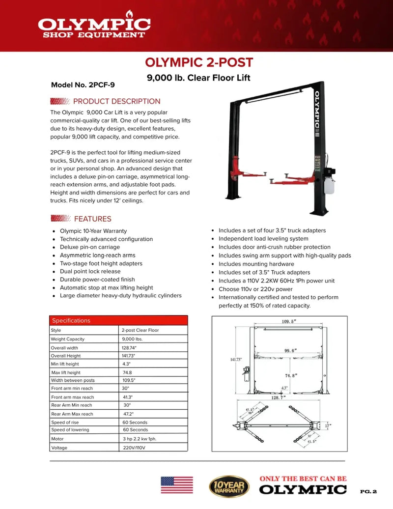 Olympic 2PCF-9 9,000 lb Symmetric Post Clear Floor 2-Post Lift