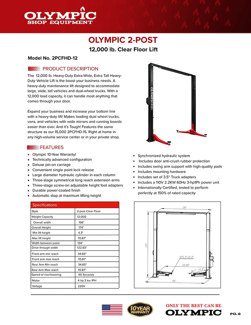 Olympic 2PCFHD-12 12,000‐lb. HDXL / Symmetric Post / Clear Floor / 3-Stage Arms