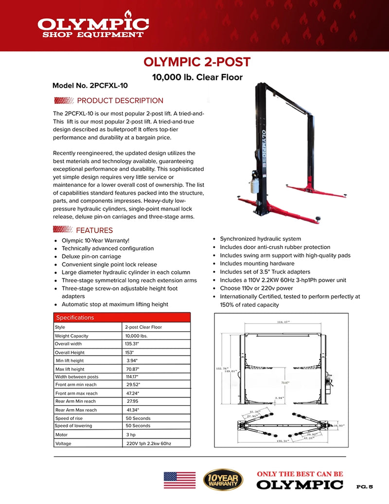 Olympic 2PCFXL-10 10,000lb Symmetric Clear Floor 2-Post Lift