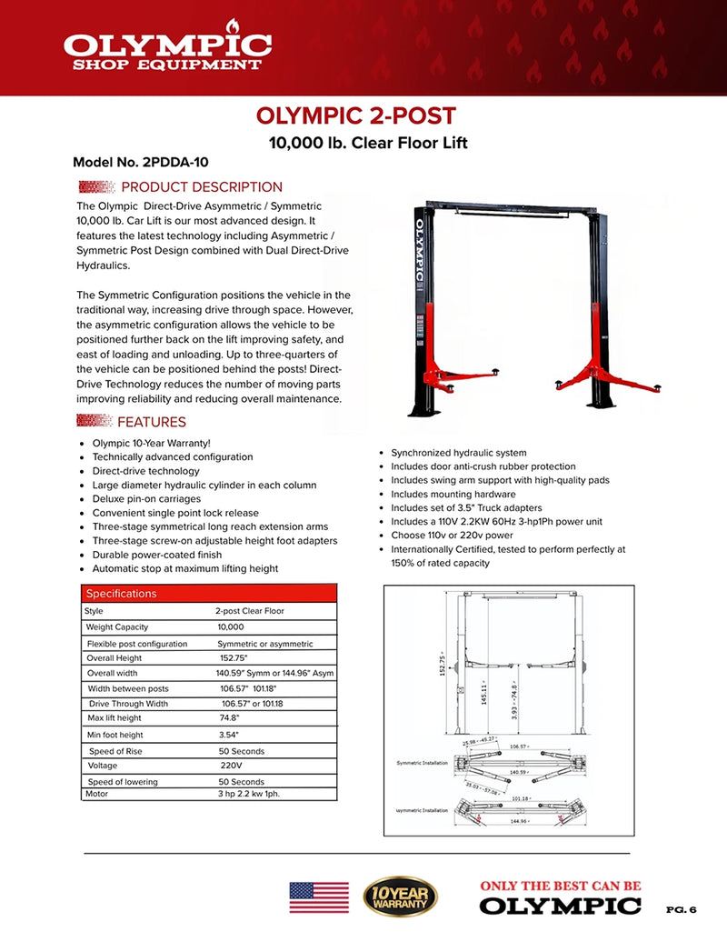 Olympic 2PDDA-10 10,000lb Asymmetric-Symmetric Post Design Clear Floor 2-Post Lift