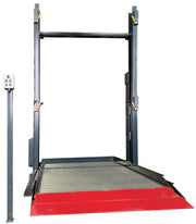Olympic 2PTS-8800 triple stacker lift with lower platform at ground level, ramp, two posts and push-button control box