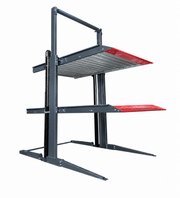 Olympic 2PTS-8800 two-post triple stacker parking lift with two platforms raised on a white background