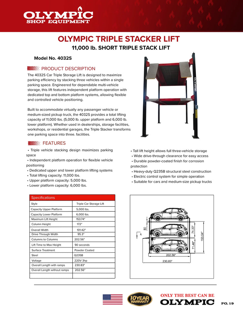 "The Triple Stacker- S" Three-Level 3-Car Storage Lift - Dual-Capacity 5,000 / 6,000 lb. Platforms | Standard Size | 10-Year Warranty | Free Shipping