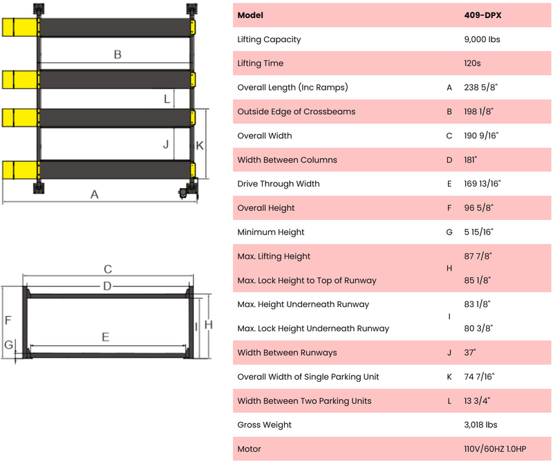 AMGO 409-DPX 9,000 lb 4-Post Double Parking Lift Longer & Taller