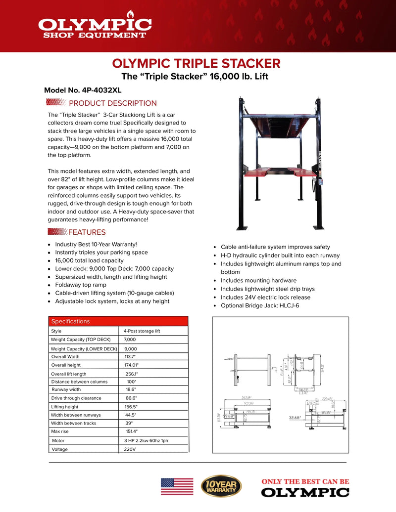 Olympic 4P-4032XL Gold Series Three Level 3-Car Stacking Lift / 9,000 and 7,000 Lb. Capacity