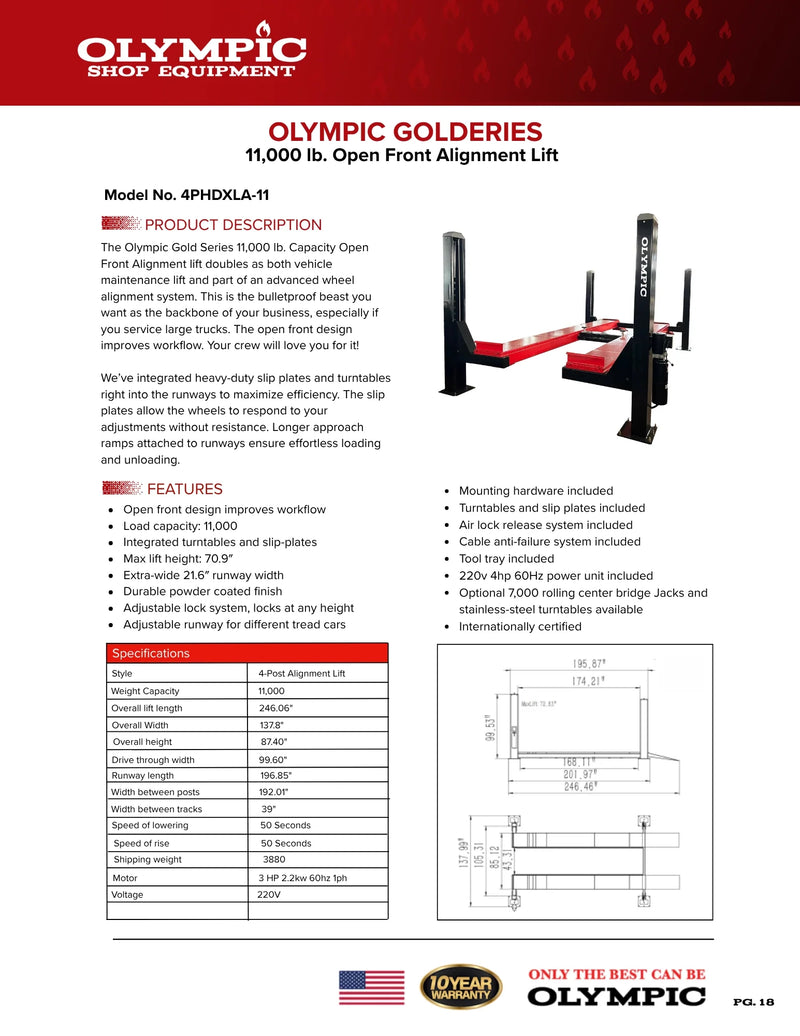 Olympic 4PHDXLA-11 11,000-lb. Capacity Car & Truck Maintenance Alignment Lift