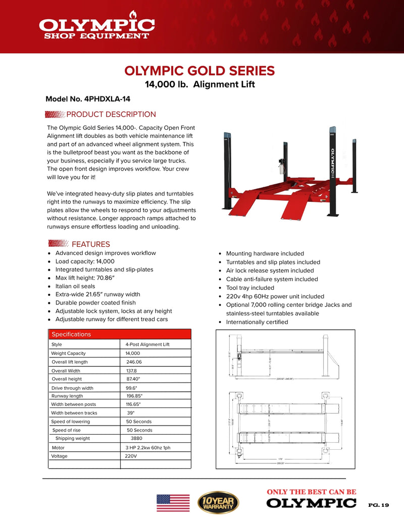 Olympic 4PHDXLA-14 14,000-lb. Capacity Car & Truck Maintenance Alignment Lift