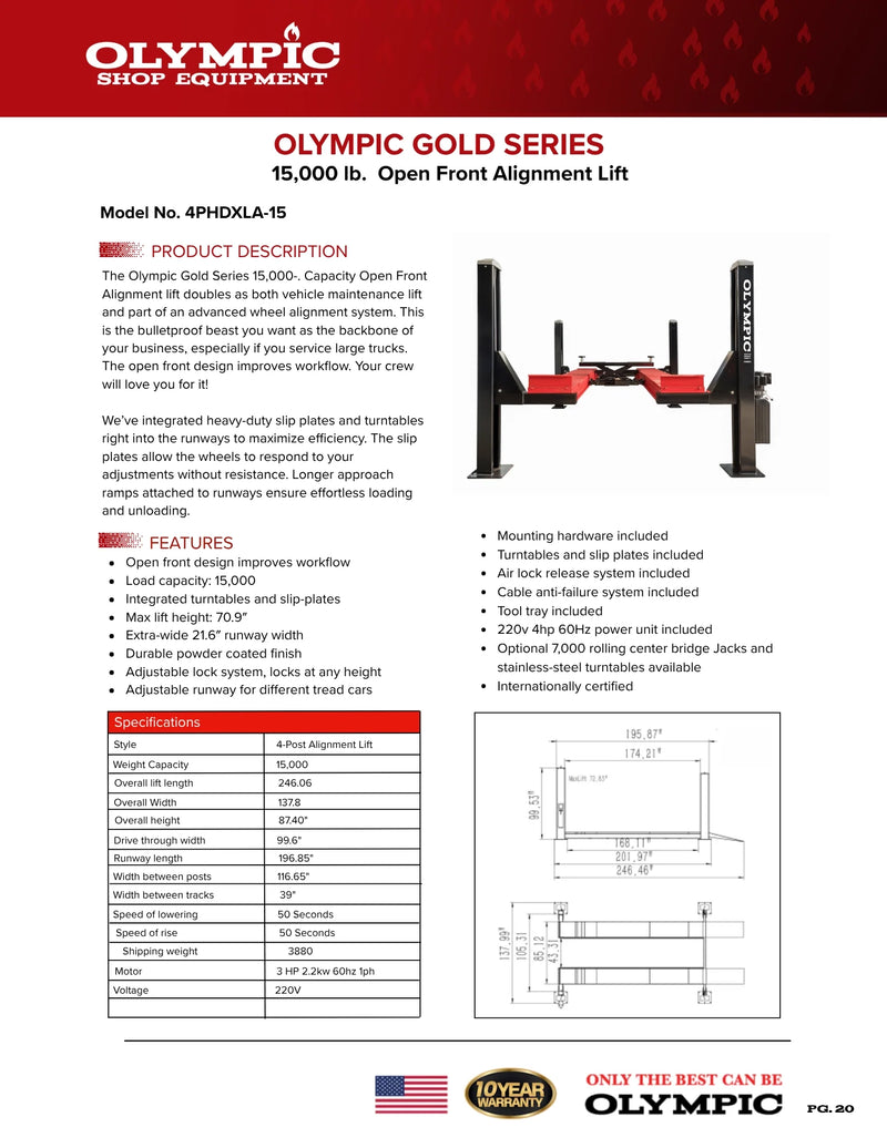 Olympic 4PHDXLA-15 15,000-lb. Capacity Open Front Alignment Lift