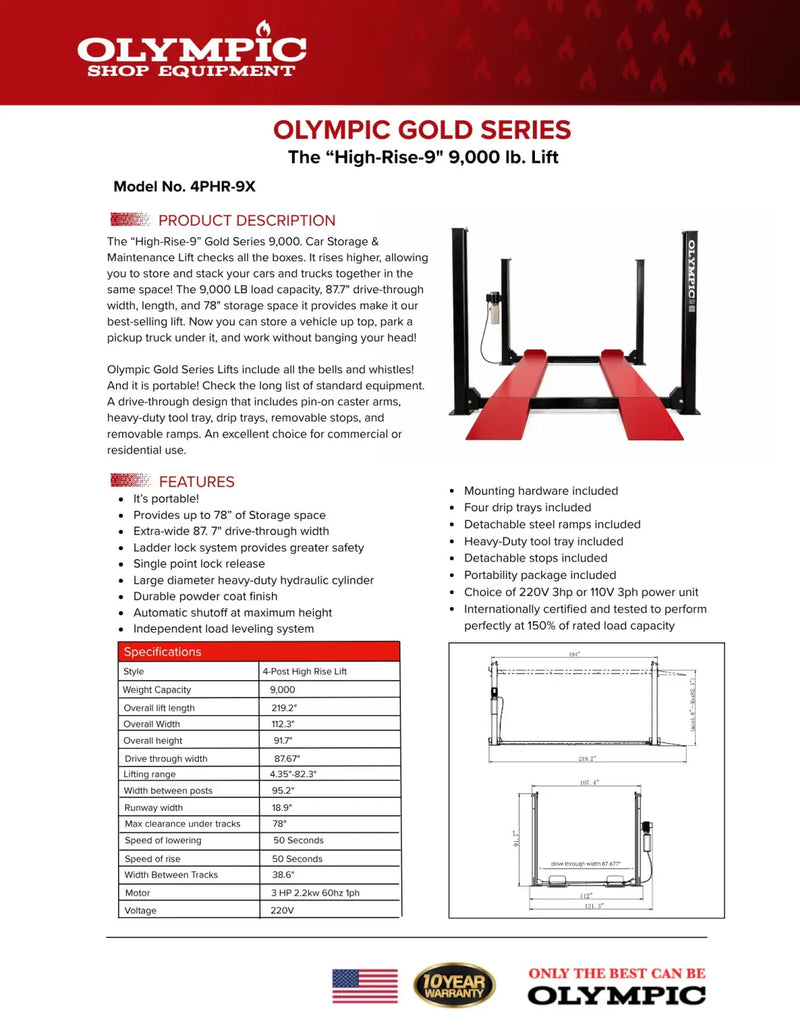 Olympic 4PHR-9X 9,000 lb. Gold Series High-Rise Car Storage Lift