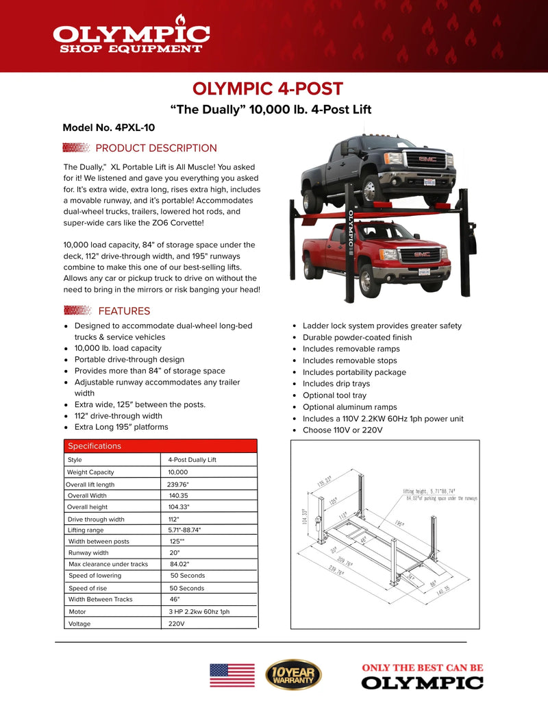 Olympic 4PXL-10 “The Dually” Gold Series “Portable” 10,000 lb. Maintenance & Storage Lift