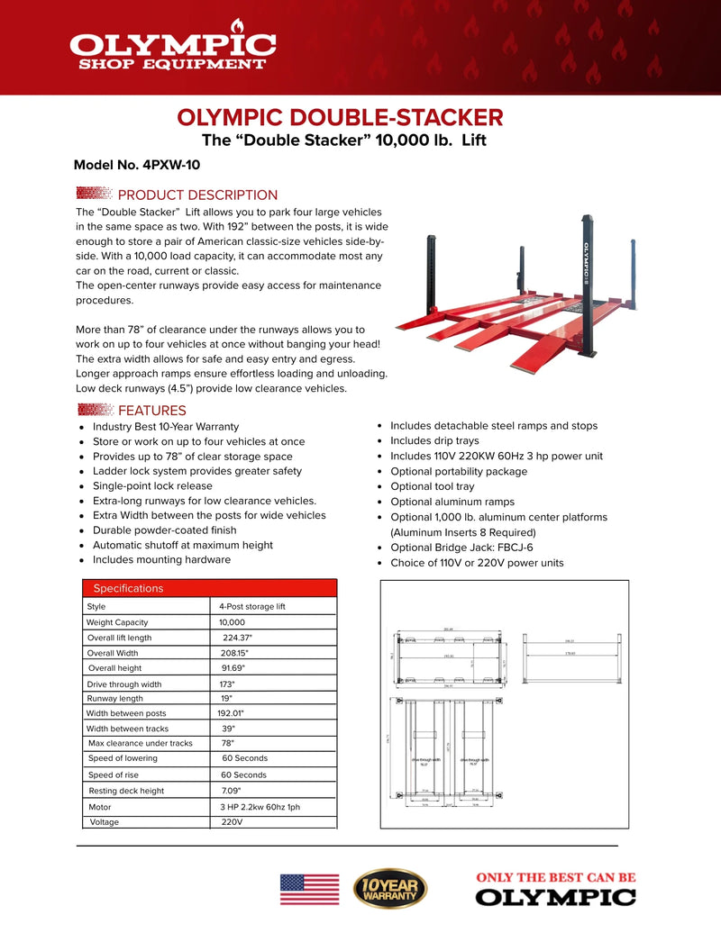 Olympic 4PXW-10 10,000-lb. Capacity Gold Series Two Car Stacker Lift / Four Car Storage Capacity