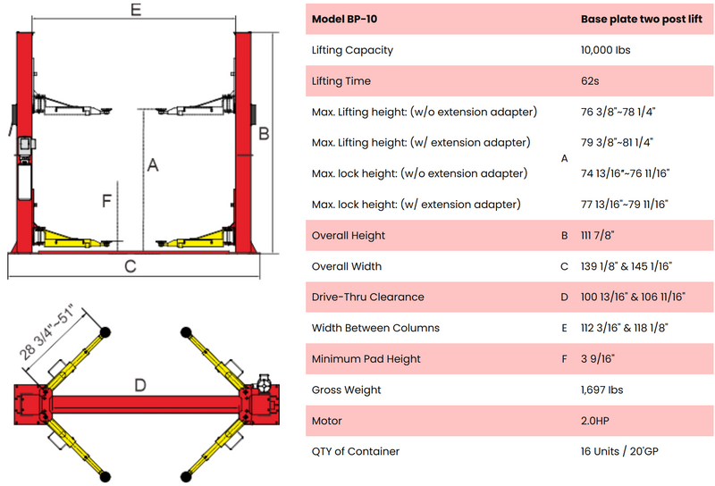 AMGO BP-10 10,000 lb 2-Post Baseplate Lift