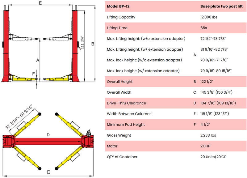 AMGO BP-12 12,000 lb 2-Post Baseplate Lift
