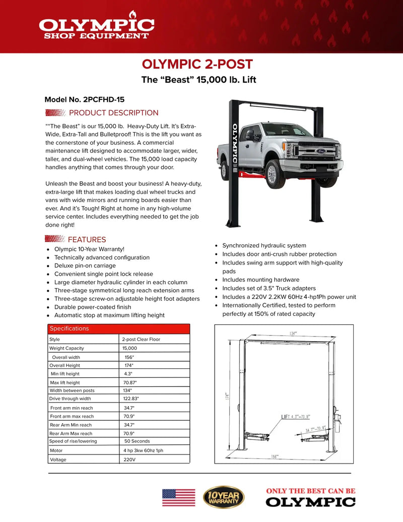 Olympic 2PCFHD-15 15,000lb HDXL / Symmetric Post / Clear floor / Long Reach Extension Arms