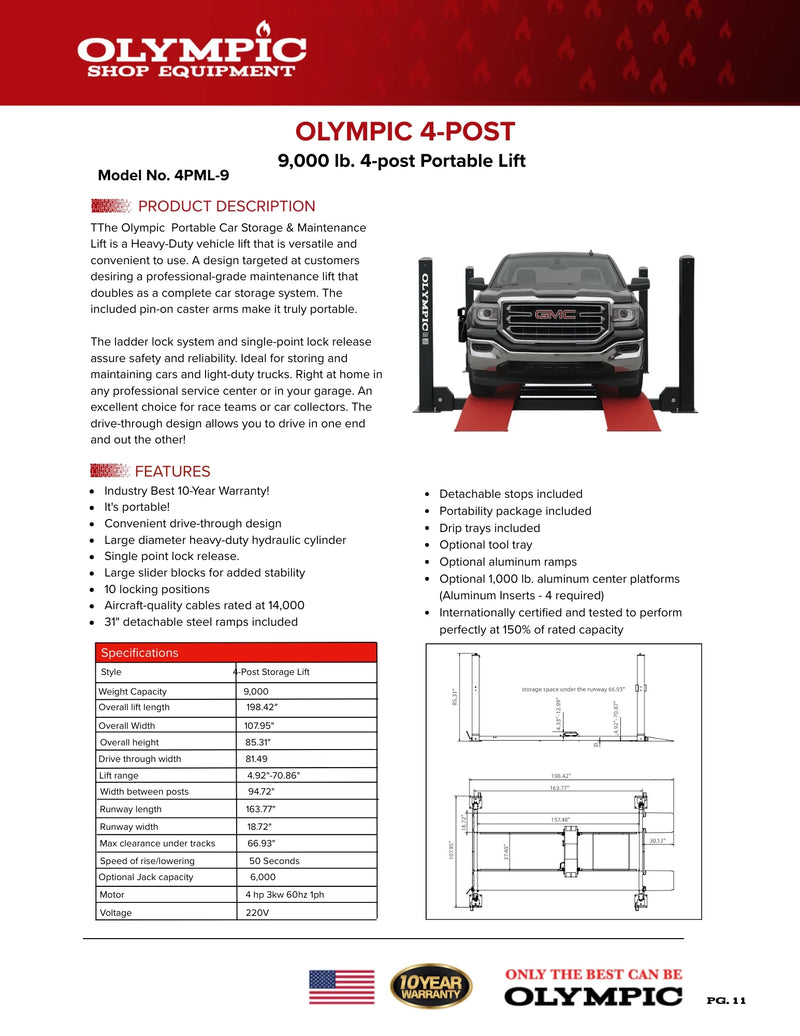 Olympic 4PML-9 9,000lb Gold Series Portable Vehicle Storage Lift