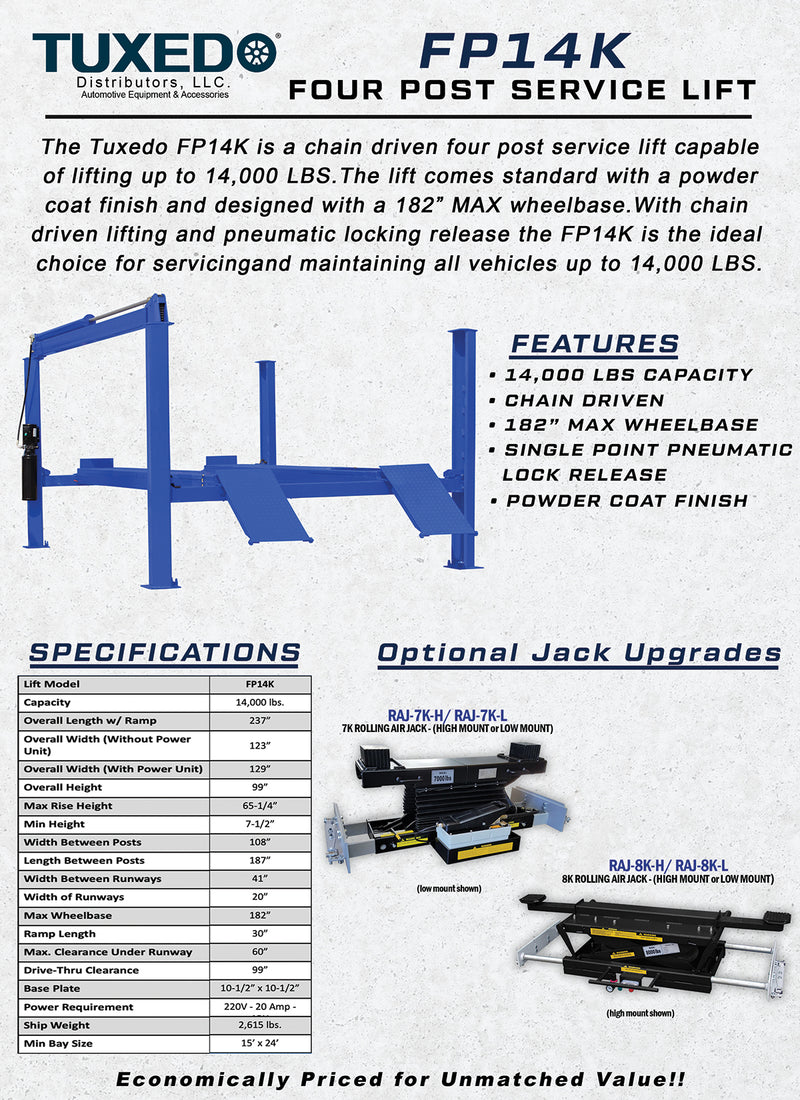 Tuxedo FP14K 14,000 lb 4-Post Service Lift