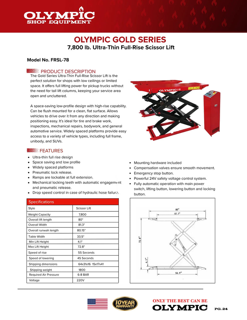 Olympic FRSL-78 7,800 lb. Capacity Ultra-Thin Full-Rise Scissor Lift