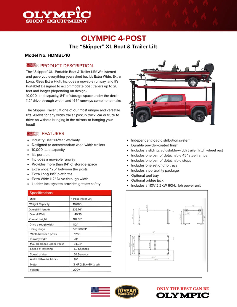 Olympic HDMBL-10 "The Skipper" Gold Series 10,000lb Boat & Trailer Storage Lift