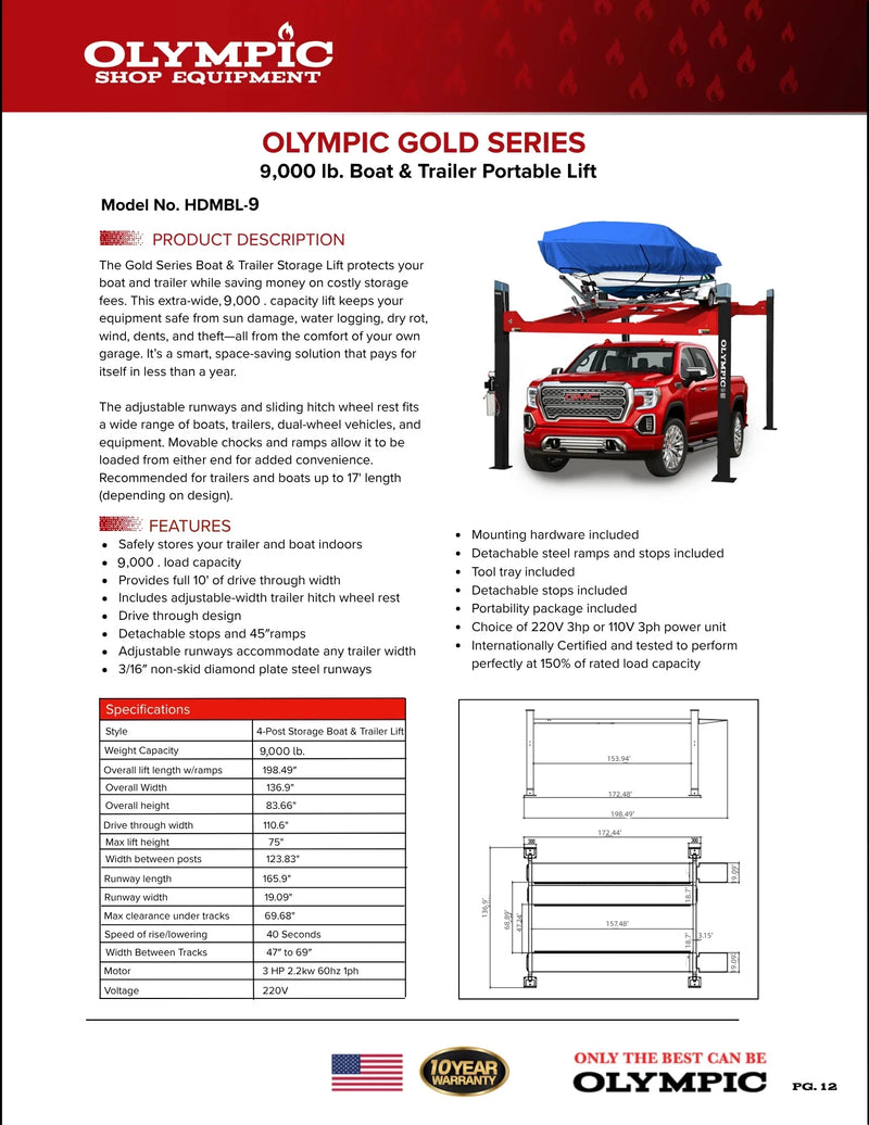 Olympic HDMBL-9 9,000 lb. Gold Series Boat & Trailer Storage Lift