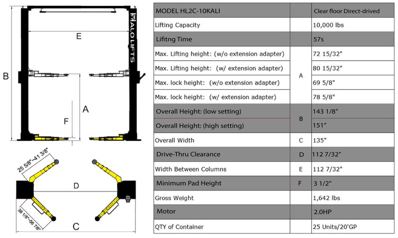 Halo HL2C-10KALI Clear Floor 2 Post Car Lift - 10,000 LB Capacity  ALI CERTIFIED