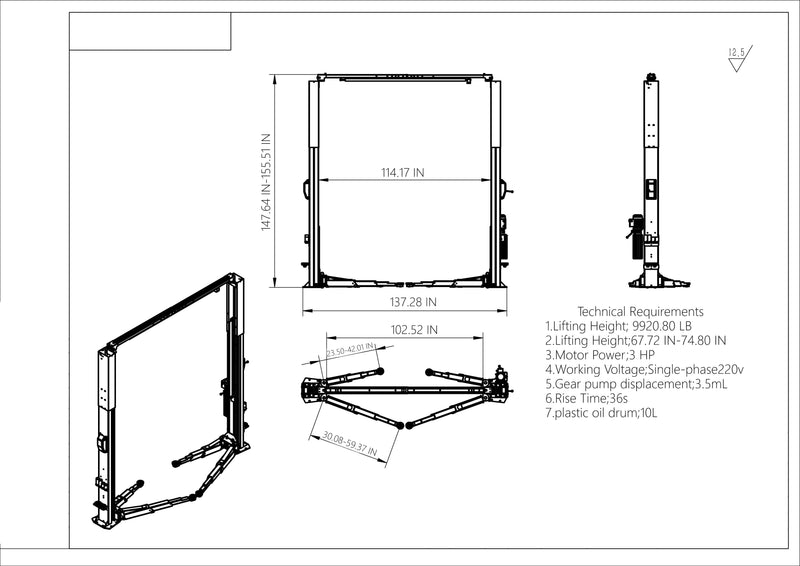 KATOOL KT-ZL110M lift dimensional diagram