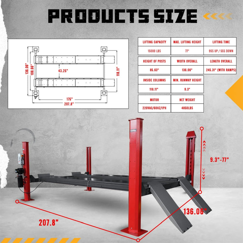 KATOOL KT-4H150 15,000lb 4-Post Alignment Lift (One 6k Rolling Jack Included)