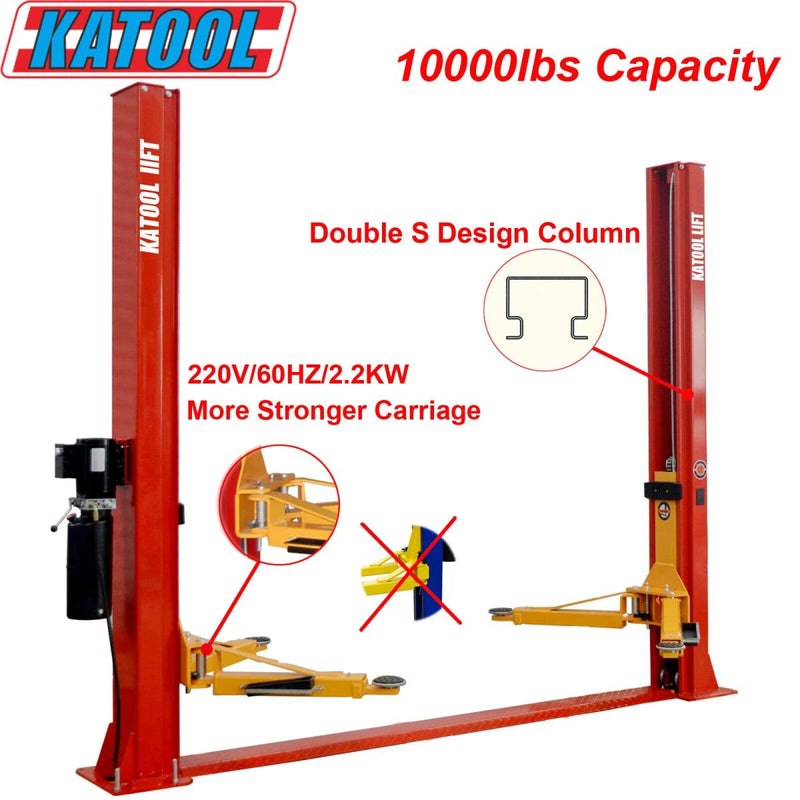 KATOOL KT-H100 10,000 lb 2-Post Symmetric Arms Baseplate Lift 220V