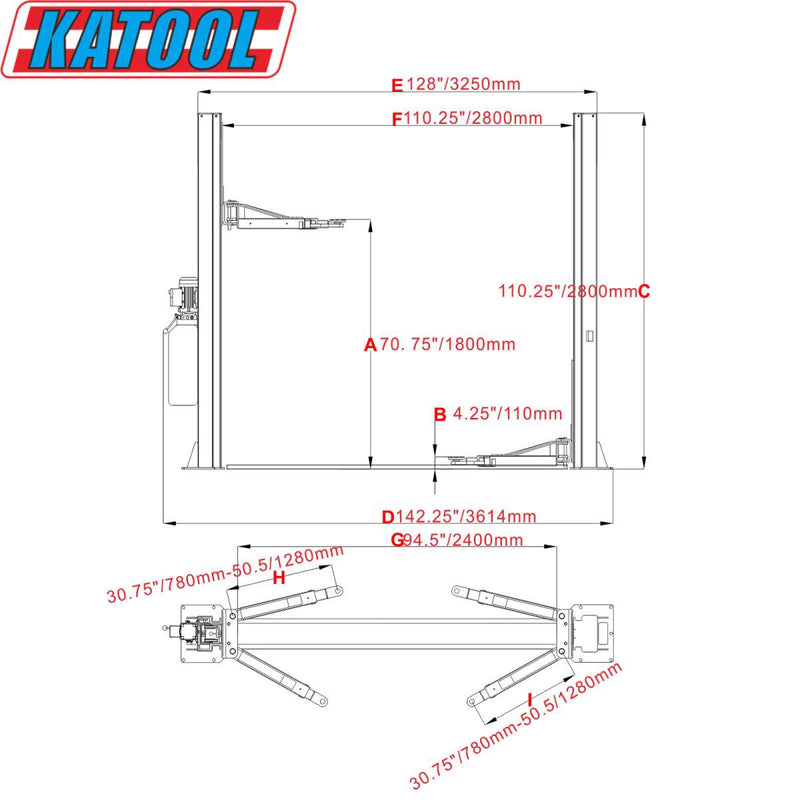 KATOOL KT-H100 10,000 lb 2-Post Symmetric Arms Baseplate Lift 220V