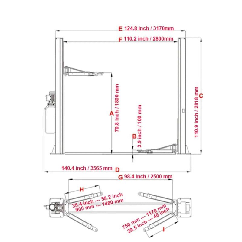 KATOOL KT-H105 10,000 lb 2-Post Symmetric Arms Baseplate Lift 220V