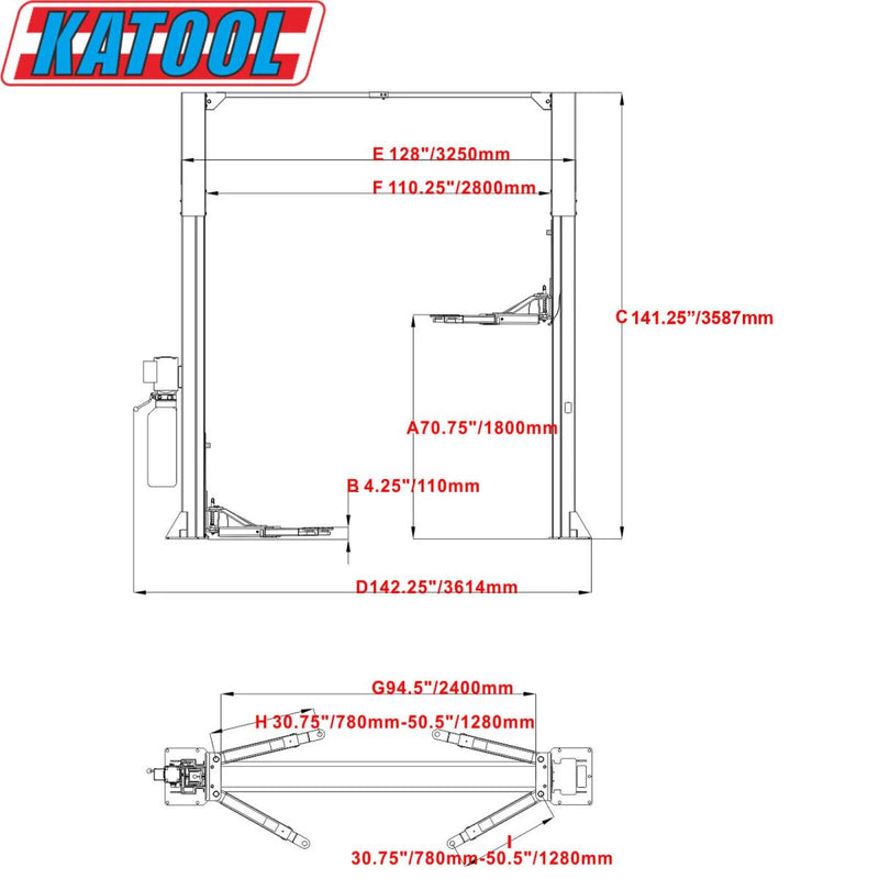 KATOOL KT-M110 11,000 lb 2-Post Clearfloor Lift 220V