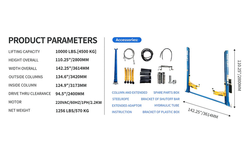 KATOOL ME-H1000 10,000lb 2-Post Floorplate Lift 220V