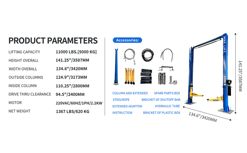 KATOOL ME-LM110S 11,000lb 2-Post Clearfloor Lift 220V