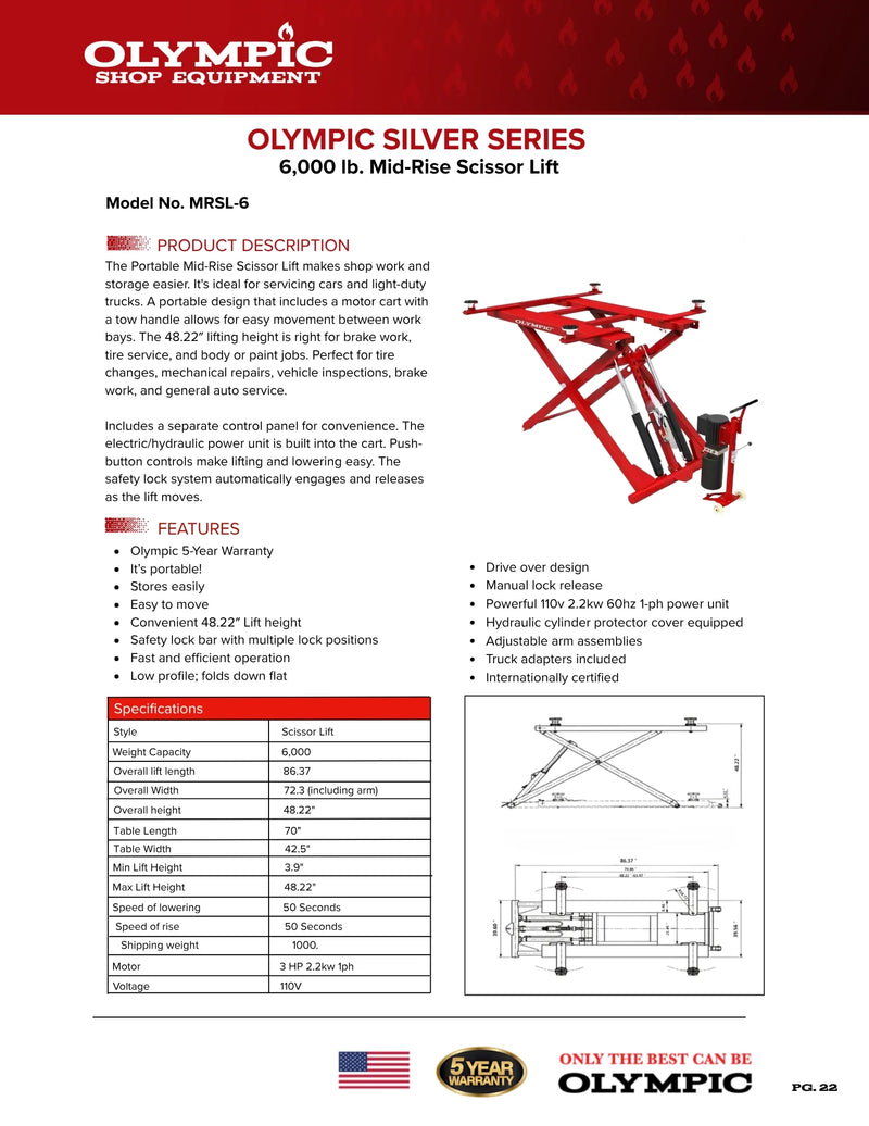 Olympic MRSL-6 6,000 Portable Mid-Rise Scissor Lift / Dual Cylinders