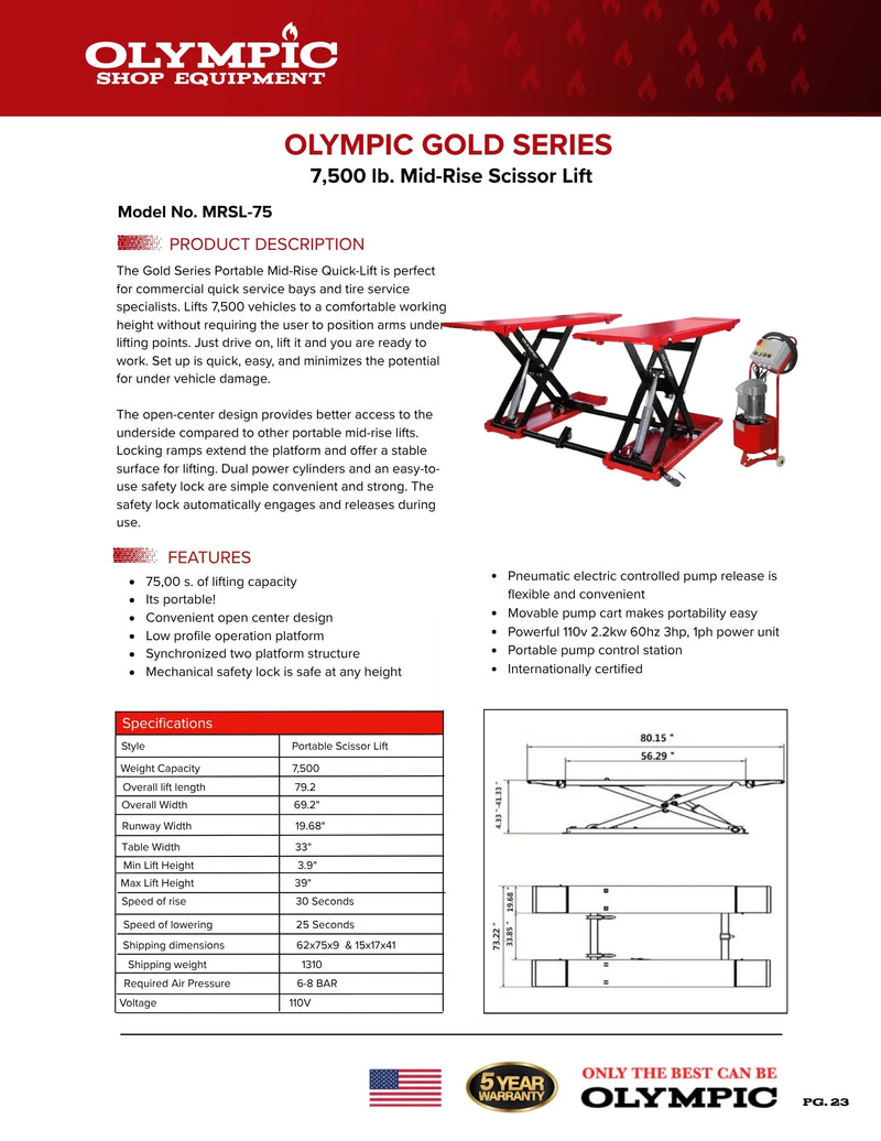 Olympic MRSL-75 7,500 Portable Mid-Rise Scissor Lift / Dual Cylinders