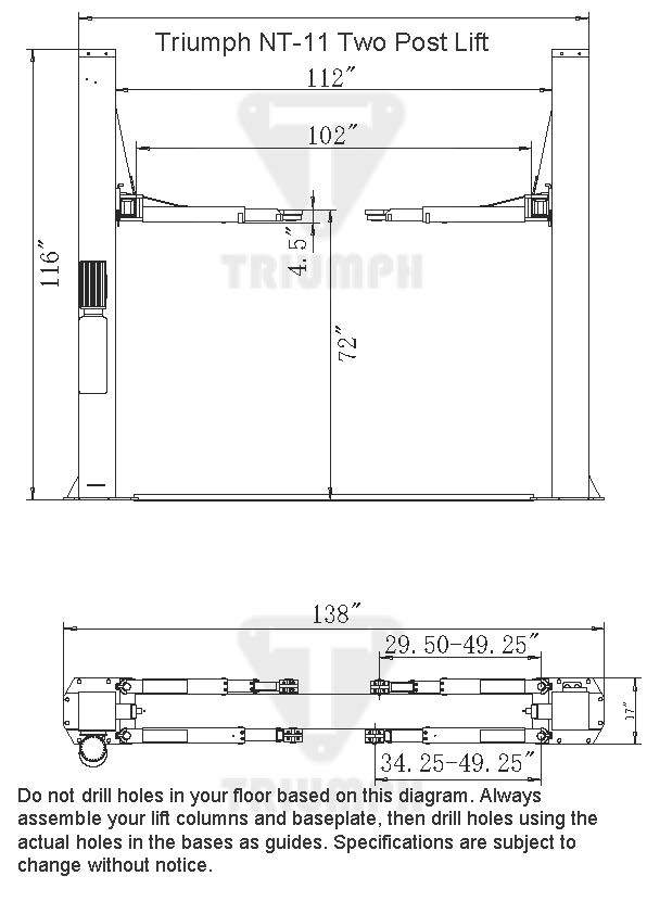 Triumph NT-11 11,000 lb 2-Post Asymmetric Floorplate Lift