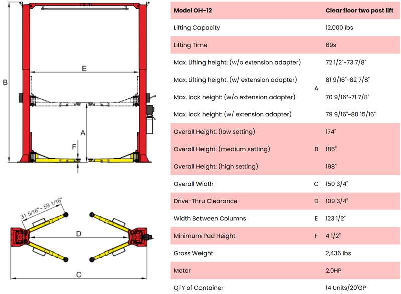 AMGO OH-12 12,000 lb 2-Post Overhead Lift