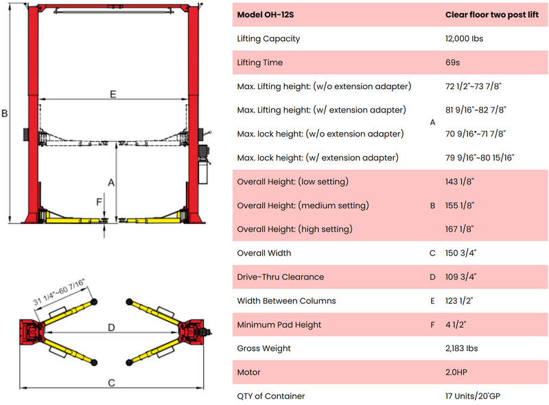 AMGO OH-12S 12,000 lb 2-Post Heavy Duty Overhead Lift