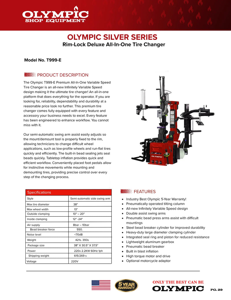 Olympic T-999E / T999-E Rim-Lock Deluxe All-In-One Tire Changer