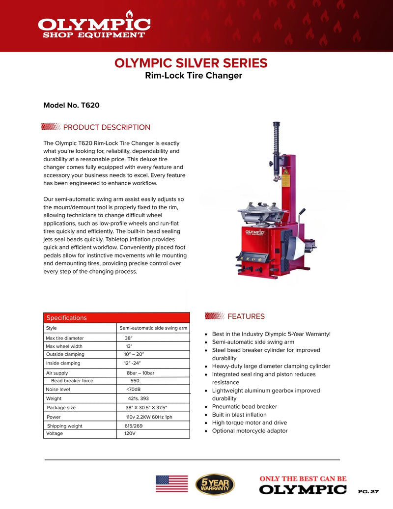 Olympic T620 Rim-Lock Tire Changer / Semi-Automatic Side Swing Arm Assist Tire Machine