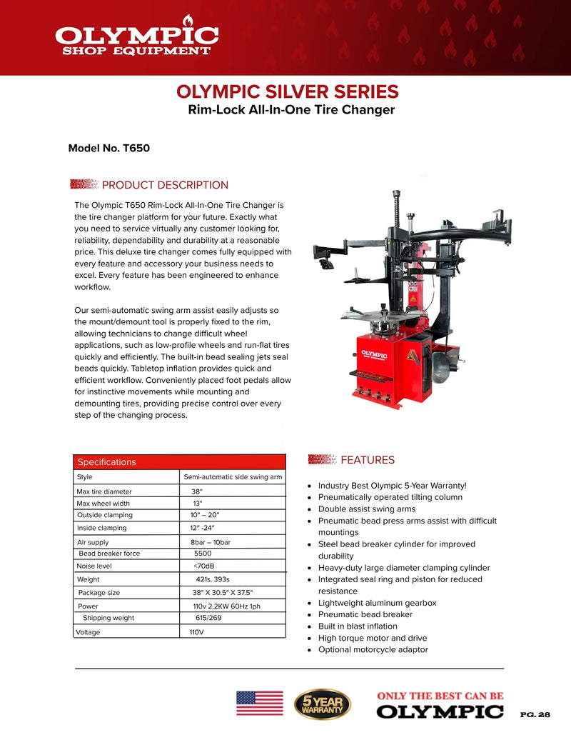 Olympic T650 Rim-Lock Deluxe All-In-One Tire Changer / Pneumatically Operated Tilting Column