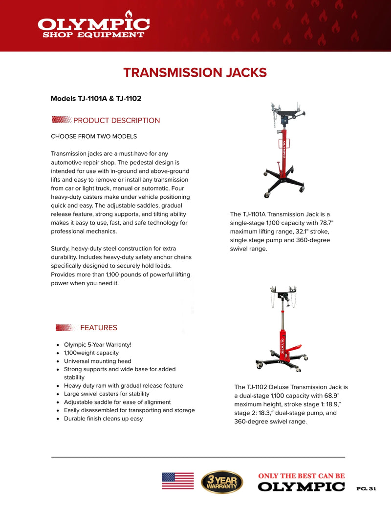 Olympic TJ-1101A Transmission Jack Single-Stage 1,100 LB Capacity