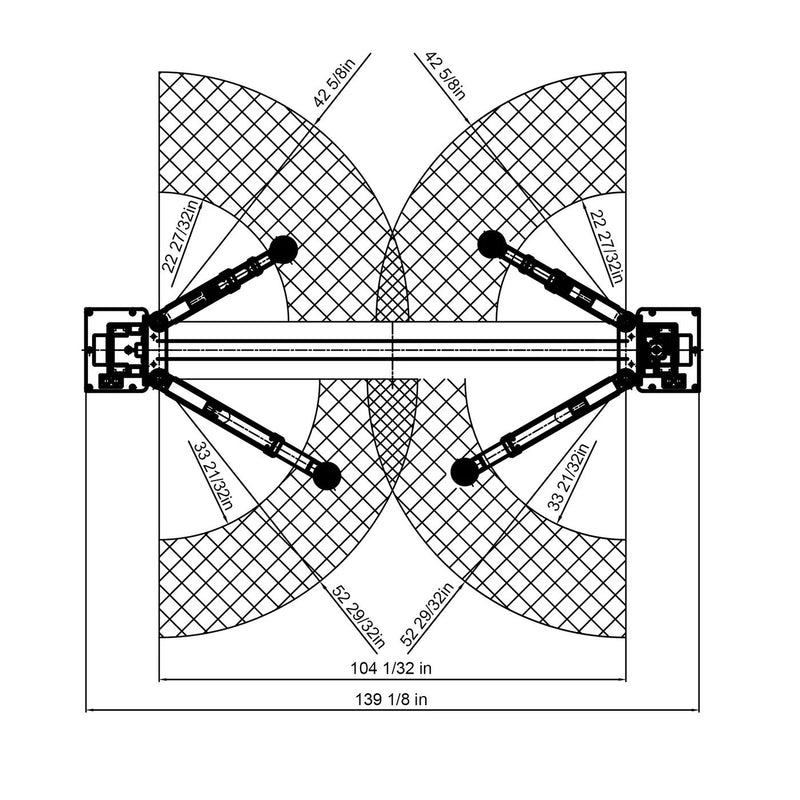 WL-10ASY top-view diagram of front and rear arm reach and swing, 104 in drive-through and 139 1/8 in overall width