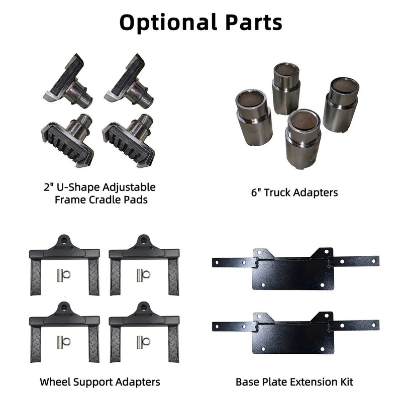 Optional parts for the WL-10ASY: 2 in U-shape adjustable frame cradle pads, 6 in truck adapters, wheel support adapters and base plate extension kit