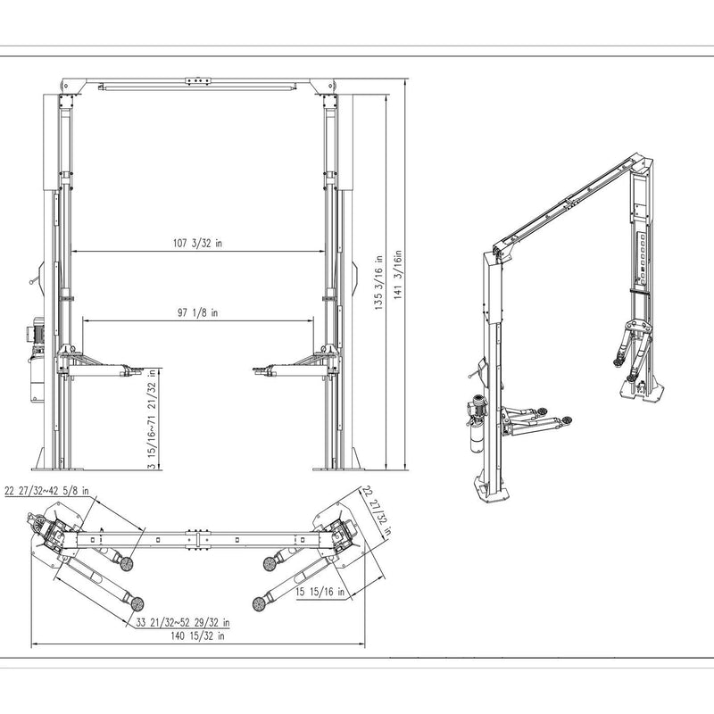 WL-10ASY dimension diagram for asymmetric installation: 107 3/32 in column inside width, 97 1/8 in drive-through, 140 15/32 in overall width, 141 3/16 in overall height