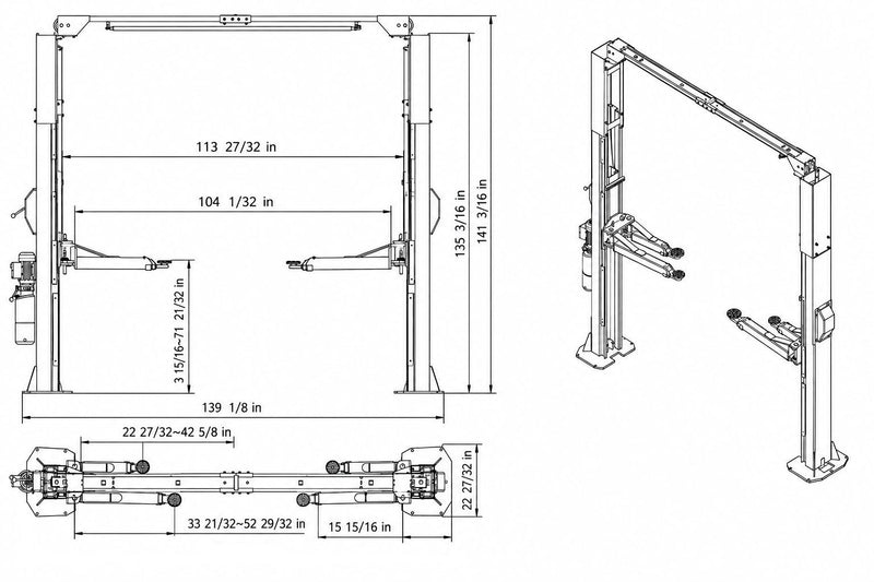 WL-10ASY dimension diagram for symmetric installation: 113 27/32 in column inside width, 104 1/32 in drive-through, 139 1/8 in overall width, 141 3/16 in overall height