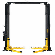 WL-10ASY 10,000 lb two-post clear floor lift with overhead bar, front view
