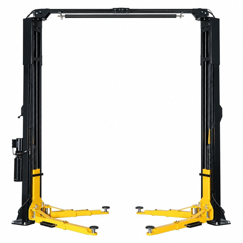 WL-10ASY 10,000 lb two-post clear floor lift with overhead bar, front view